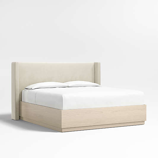 Arden 52" Beige Upholstered King Headboard with Batten White Oak Storage Bed Base