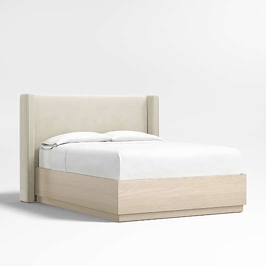 Arden 52" Beige Upholstered Queen Headboard with Batten White Oak Storage Bed Base