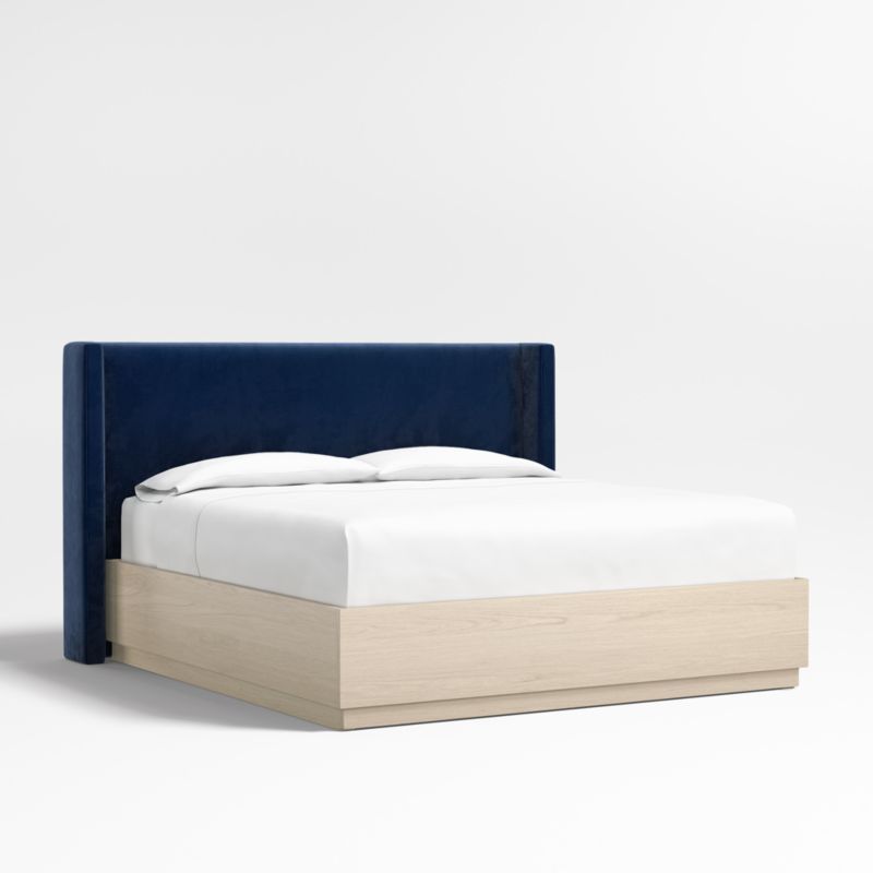 Arden 52" Navy King Upholstered Headboard with Batten Oak Storage Bed Base