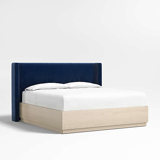 Arden 52" Navy King Upholstered Headboard with Batten White Oak Storage Bed Base