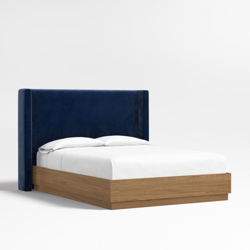 Arden 52" Navy Queen Upholstered Headboard with Batten Brown Oak Bed Base - image 0 of 3