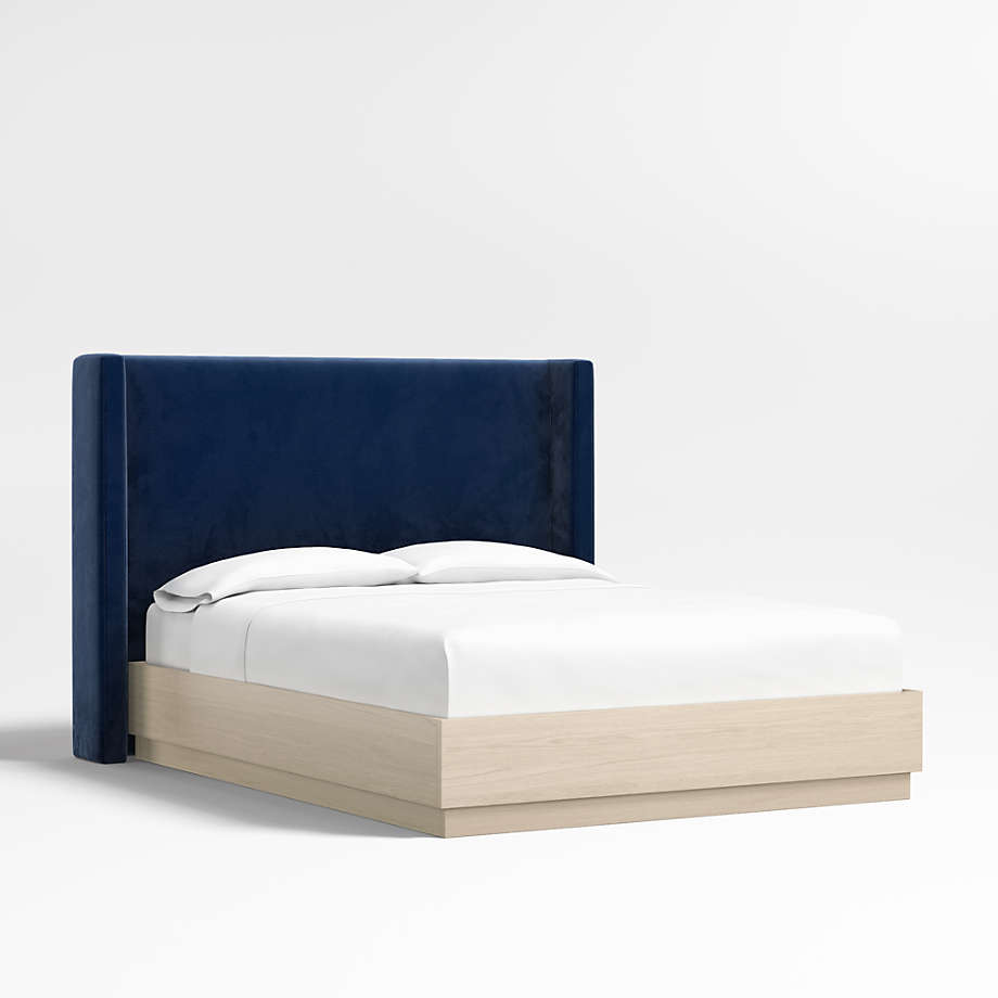 Arden 52" Navy Queen Upholstered Headboard with Batten White Oak Bed Base Crate & Barrel