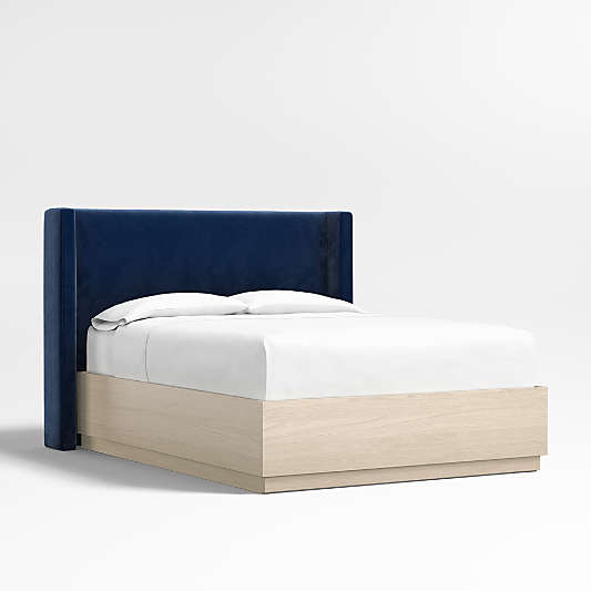 Arden 52" Navy Queen Upholstered Headboard with Batten White Oak Storage Bed Base