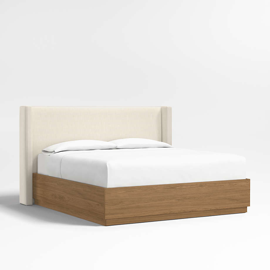 Arden 52" Linen Ivory Upholstered King Headboard with Batten Brown Oak Storage Bed Base Crate