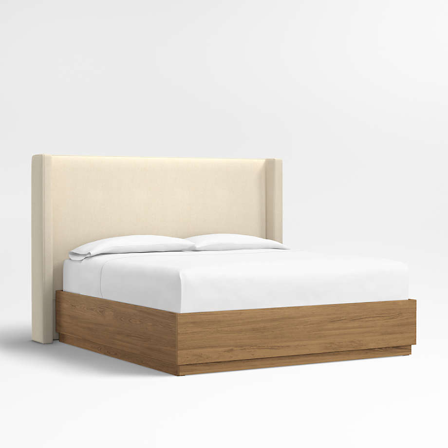 Arden 60" Boucle Ivory Upholstered King Headboard with Batten Brown Oak Storage Bed Base Crate