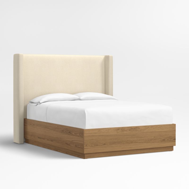 Arden 60" Ivory Upholstered Queen Headboard with Batten Brown Oak Bed Base - image 0 of 5