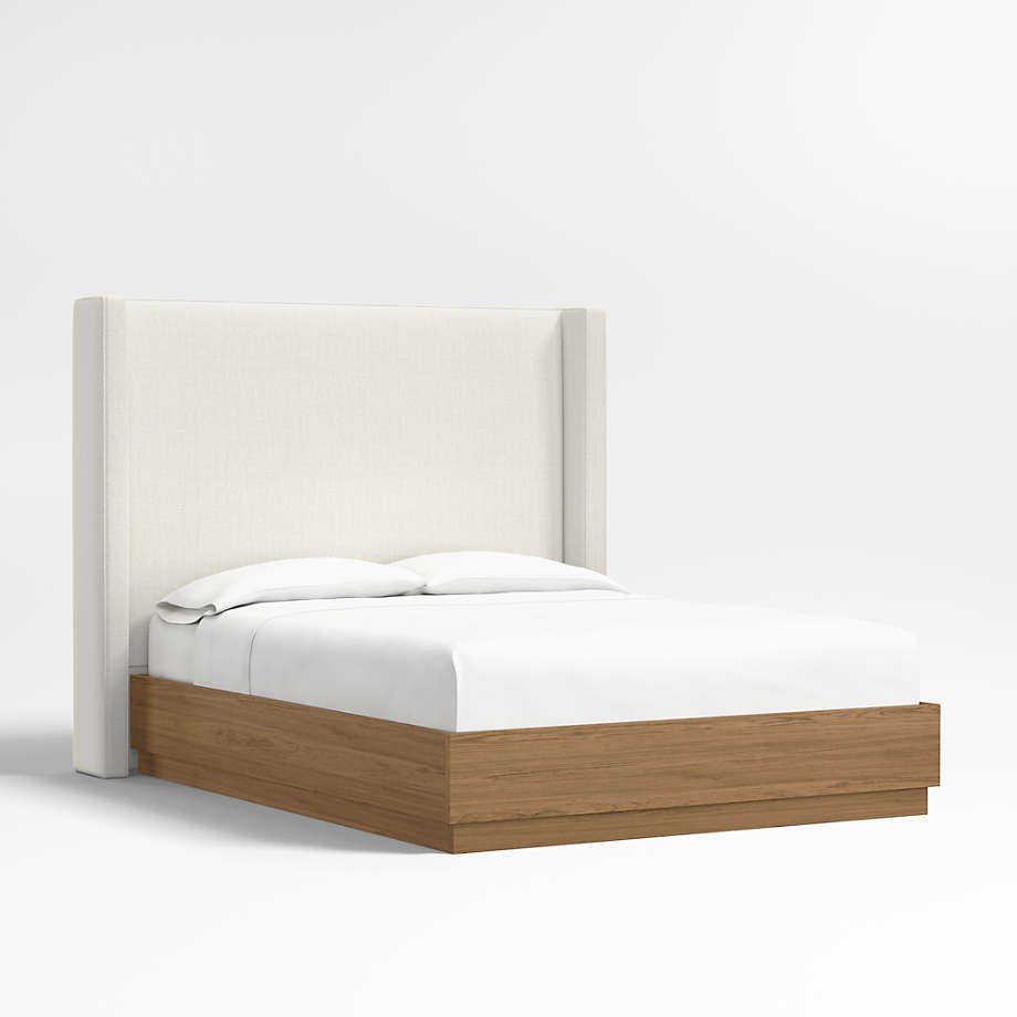 Arden 60" Ivory Queen Upholstered Headboard with Batten Brown Oak Bed