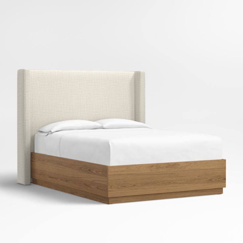 Arden 60" Natural Beige Upholstered Queen Headboard with Batten Oak Storage Bed Base