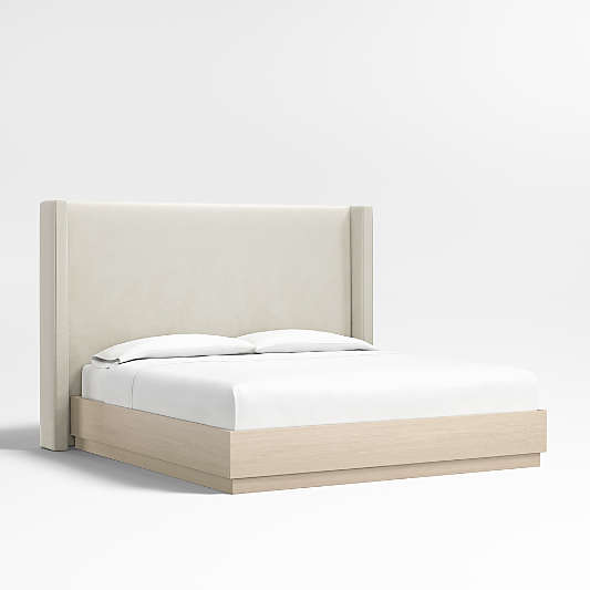 Arden 60" Beige Upholstered King Headboard with Batten White Oak Bed Base