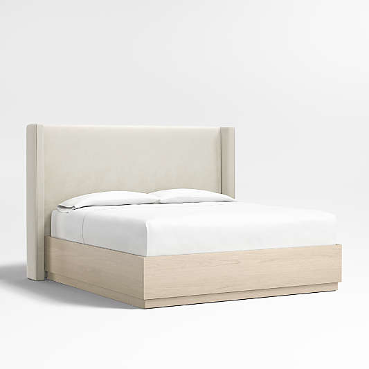 Arden 60" Beige Upholstered King Headboard with Batten White Oak Storage Bed Base