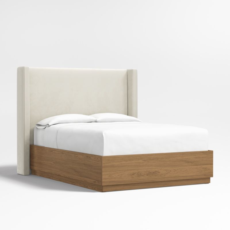 Arden 60" Beige Upholstered Queen Headboard with Batten Oak Storage Bed Base