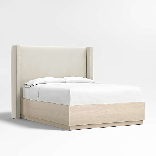 Arden 60" Beige Upholstered Queen Headboard with Batten White Oak Storage Bed Base