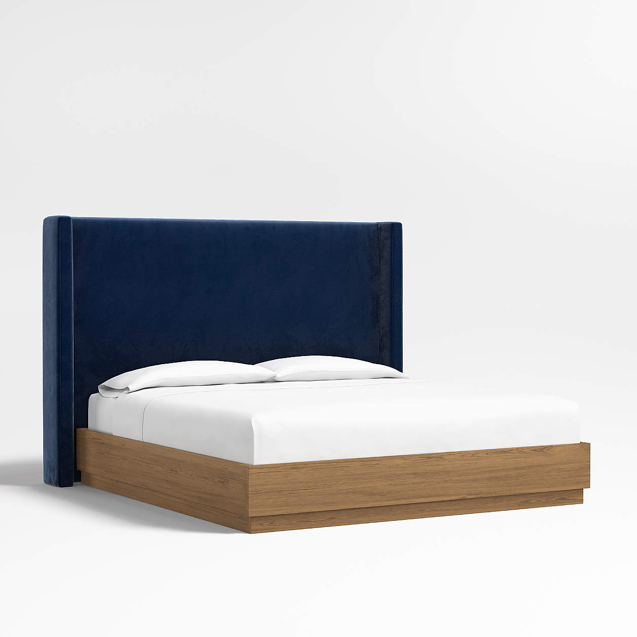 Arden 60" Navy King Upholstered Headboard with Batten Brown Oak Bed Base + Reviews Crate & Barrel