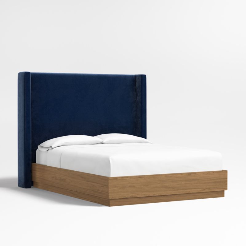 Arden 60" Navy Queen Upholstered Headboard with Batten Oak Bed Base