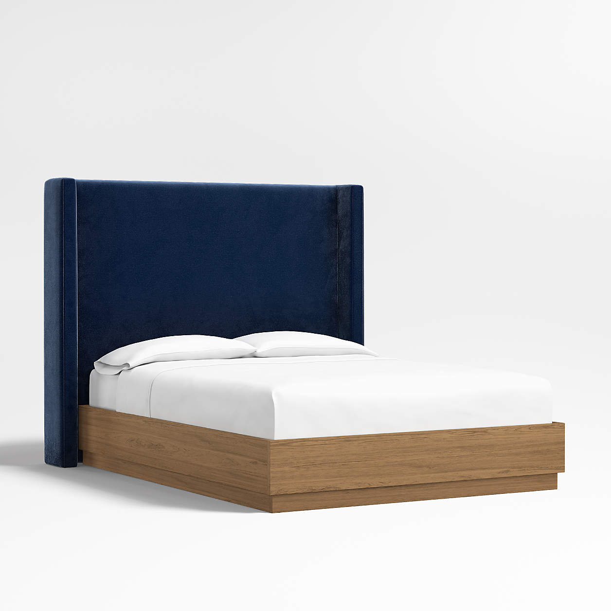 Arden 60" Navy Queen Upholstered Headboard with Batten Brown Oak Bed