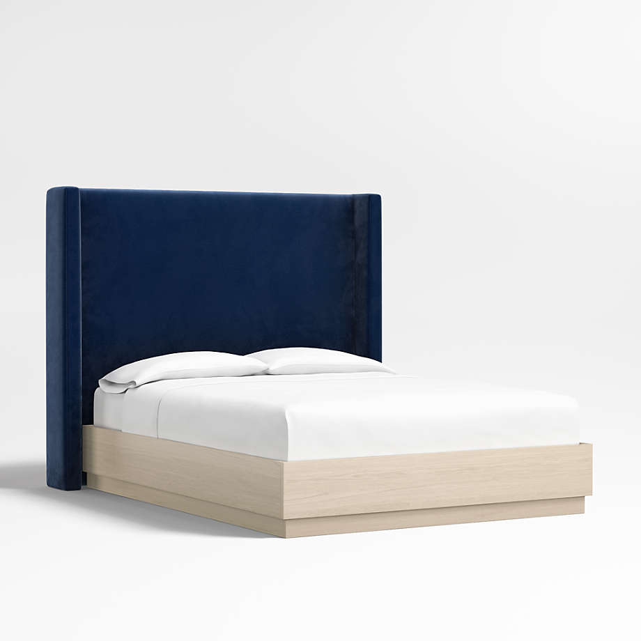 Arden 60" Navy Queen Upholstered Headboard with Batten White Oak Bed