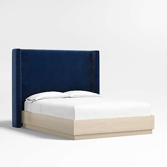 Arden 60" Navy Queen Upholstered Headboard with Batten White Oak Bed Base