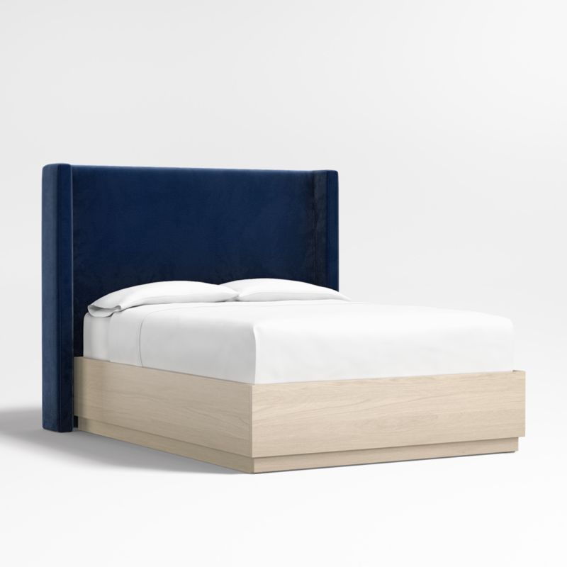 Arden 60" Navy Queen Upholstered Headboard with Batten White Oak Storage Bed Base