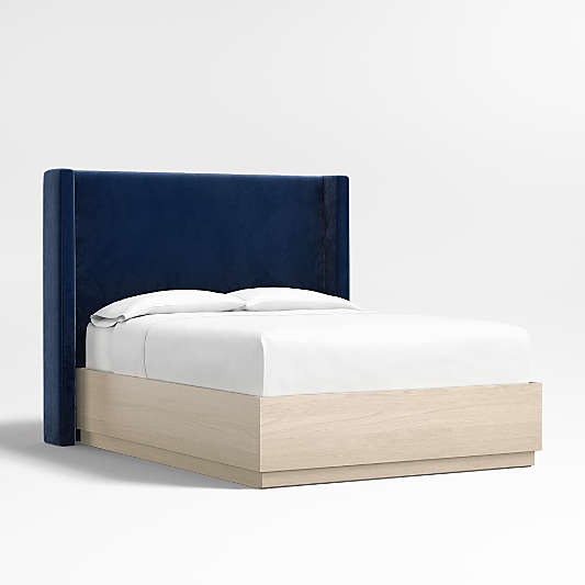 Arden 60" Navy Queen Upholstered Headboard with Batten White Oak Storage Bed Base