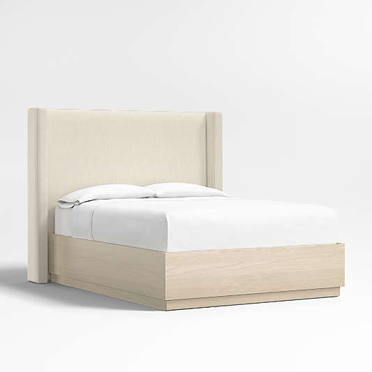 Arden 60" Ivory Upholstered Queen Headboard with Batten White Oak Storage Bed Base