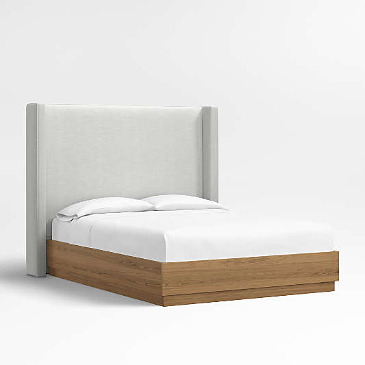 Arden 60" Oyster Grey Queen Upholstered Headboard with Batten Brown Oak Bed Base