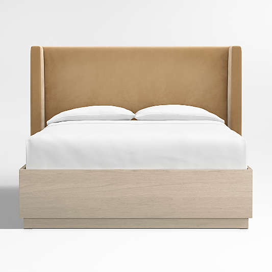 Arden 52" Camel Brown Upholstered Queen Headboard with Batten White Oak Storage Bed Base