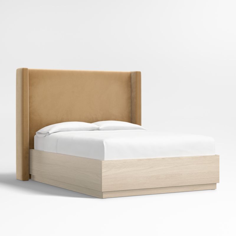 Arden 60" Camel Brown Upholstered Queen Headboard with Batten White Oak Storage Bed Base - image 2 of 8