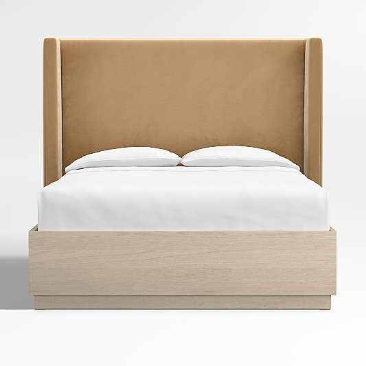 Arden 60" Camel Brown Upholstered Headboard with Batten White Oak Storage Bed Base