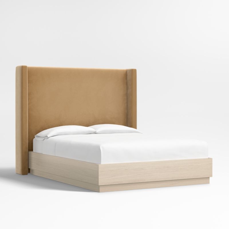 Arden 60" Camel Brown Upholstered Queen Headboard with Batten White Oak Bed Base - image 2 of 7