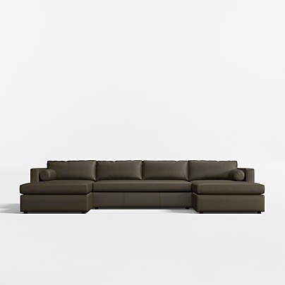 Aris Deep 3-Piece U-Shaped Leather Bench Sectional Sofa with Double Chaise Lounge