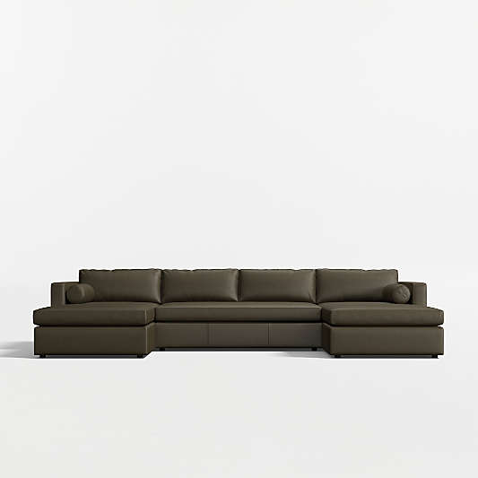 Aris Deep 3-Piece U-Shaped Leather Bench Sectional Sofa with Double Chaise Lounge