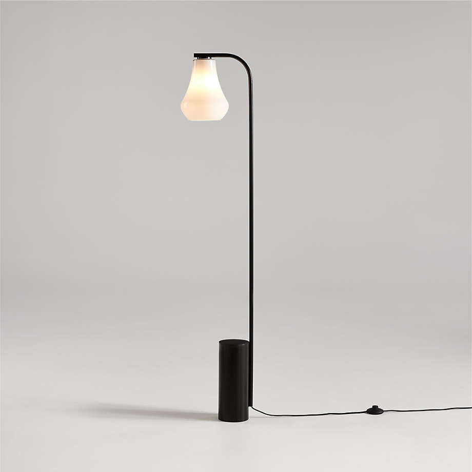 Arren Black Corner Floor Lamp with Milk Teardrop Shade | Crate & Barrel