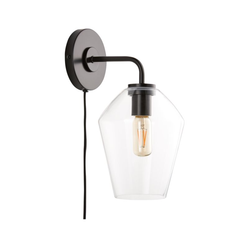 Arren Black Plug In Wall Sconce Light with Clear Angled Shade
