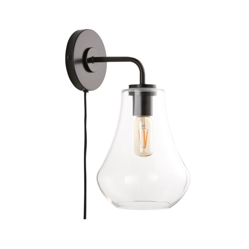 Arren Black Plug In Wall Sconce Light with Clear Teardrop Shade