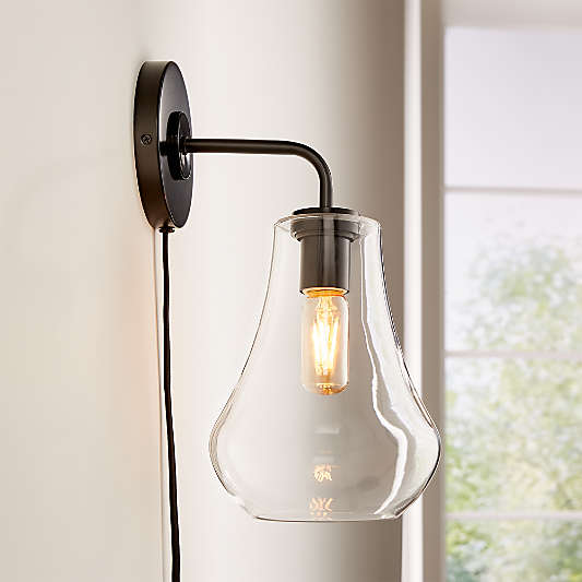 Arren Black Plug In Wall Sconce Light with Silver Angled Shade