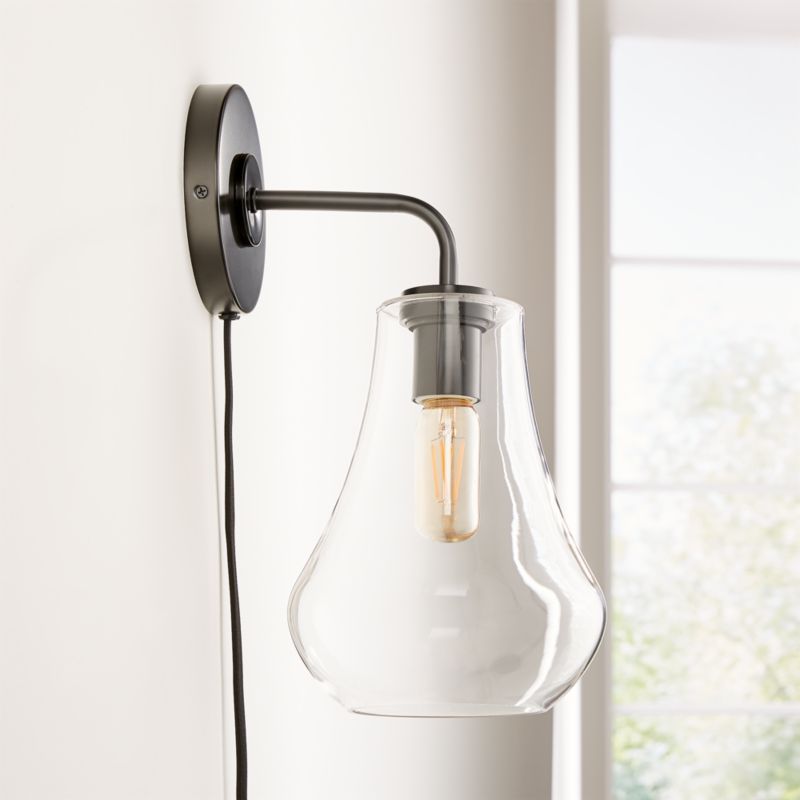 Arren Black Plug In Wall Sconce Light with Clear Teardrop Shade