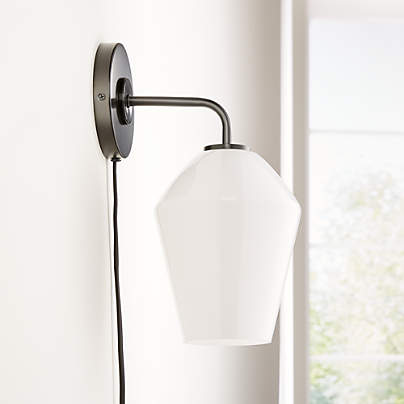 Arren Black Plug In Wall Sconce Light with Milk Angled Shade