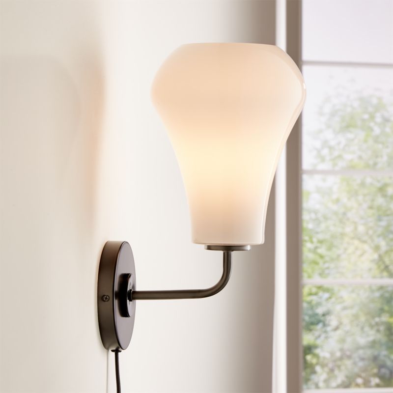 Arren Black Plug In Wall Sconce Light with Milk Teardrop Shade