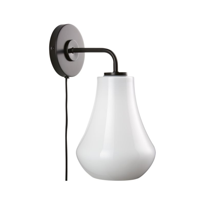 Arren Black Plug In Wall Sconce Light with Milk Teardrop Shade