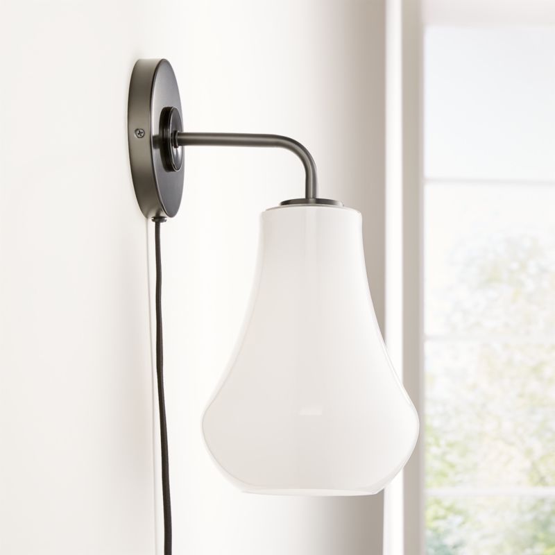 Arren Black Plug In Wall Sconce Light with Milk Teardrop Shade