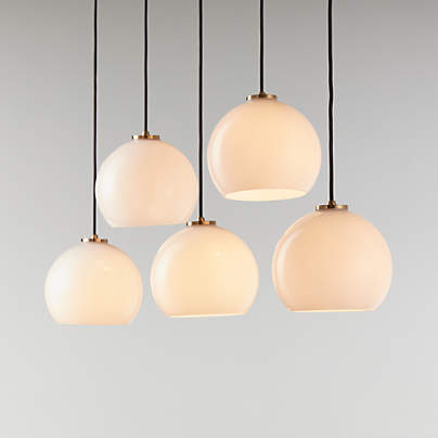 Arren Brass 5-Light Linear Pendant with Round Milk Glass Shades