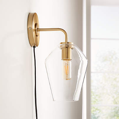 Arren Brass Plug In Wall Sconce Light with Clear Angled Shade