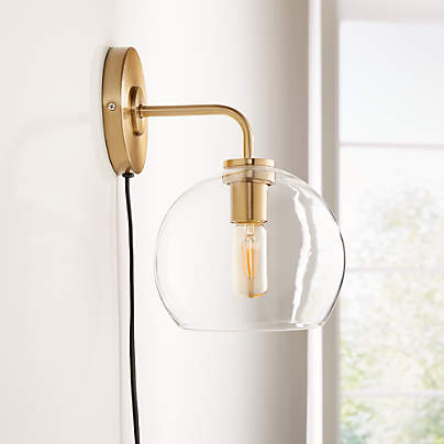 Arren Brass Plug In Wall Sconce Light with Clear Round Shade