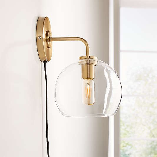 Arren Brass Plug In Wall Sconce Light with Clear Round Shade