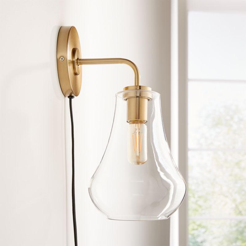 Arren Brass Plug In Wall Sconce Light with Clear Teardrop Shade