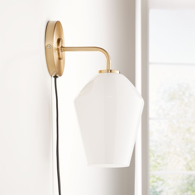 Arren Brass Plug In Wall Sconce Light with Milk Angled Shade