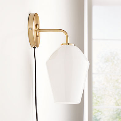 View Arren Brass Plug In Wall Sconce Light with Milk Angled Shade details