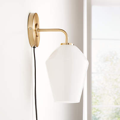 Arren Brass Plug In Wall Sconce Light with Milk Angled Shade