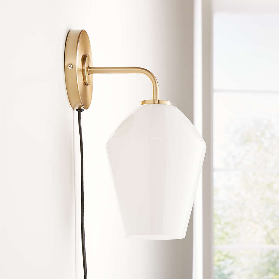 Arren Brass Plug In Wall Sconce Bathroom Vanity Light with Milk Angled
