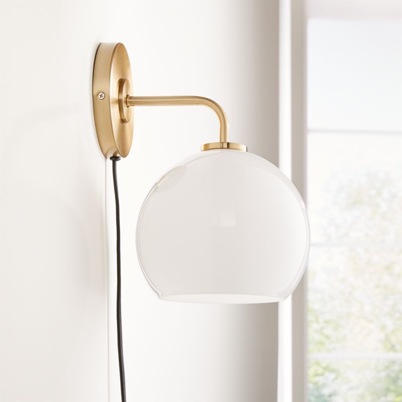 Arren Brass Plug In Wall Sconce Light with Milk Round Shade